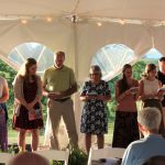 Mission workers read a litany at their VMM commissioning service, Harrisonburg, July 18, 2018 (Elwood Yoder photo)